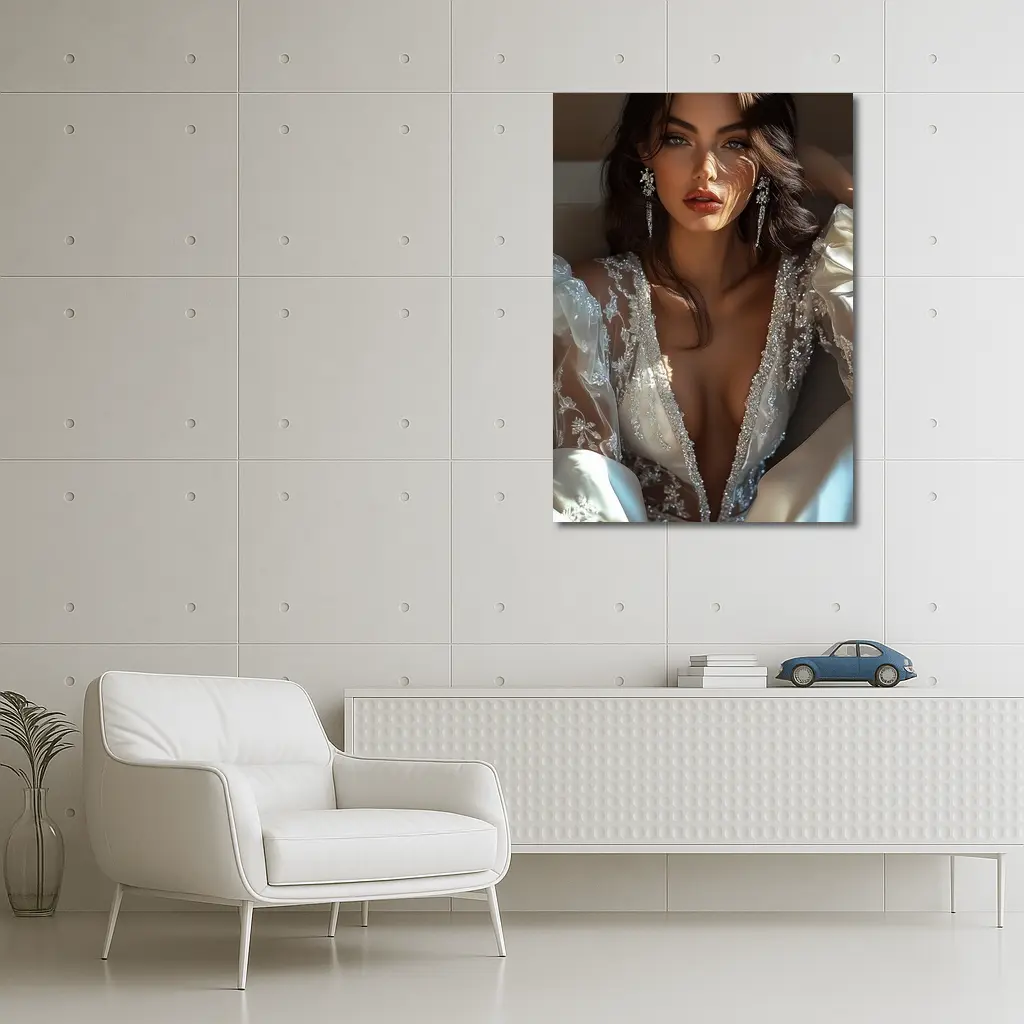Elegant Woman White Lace Gown Portrait – Wall Art