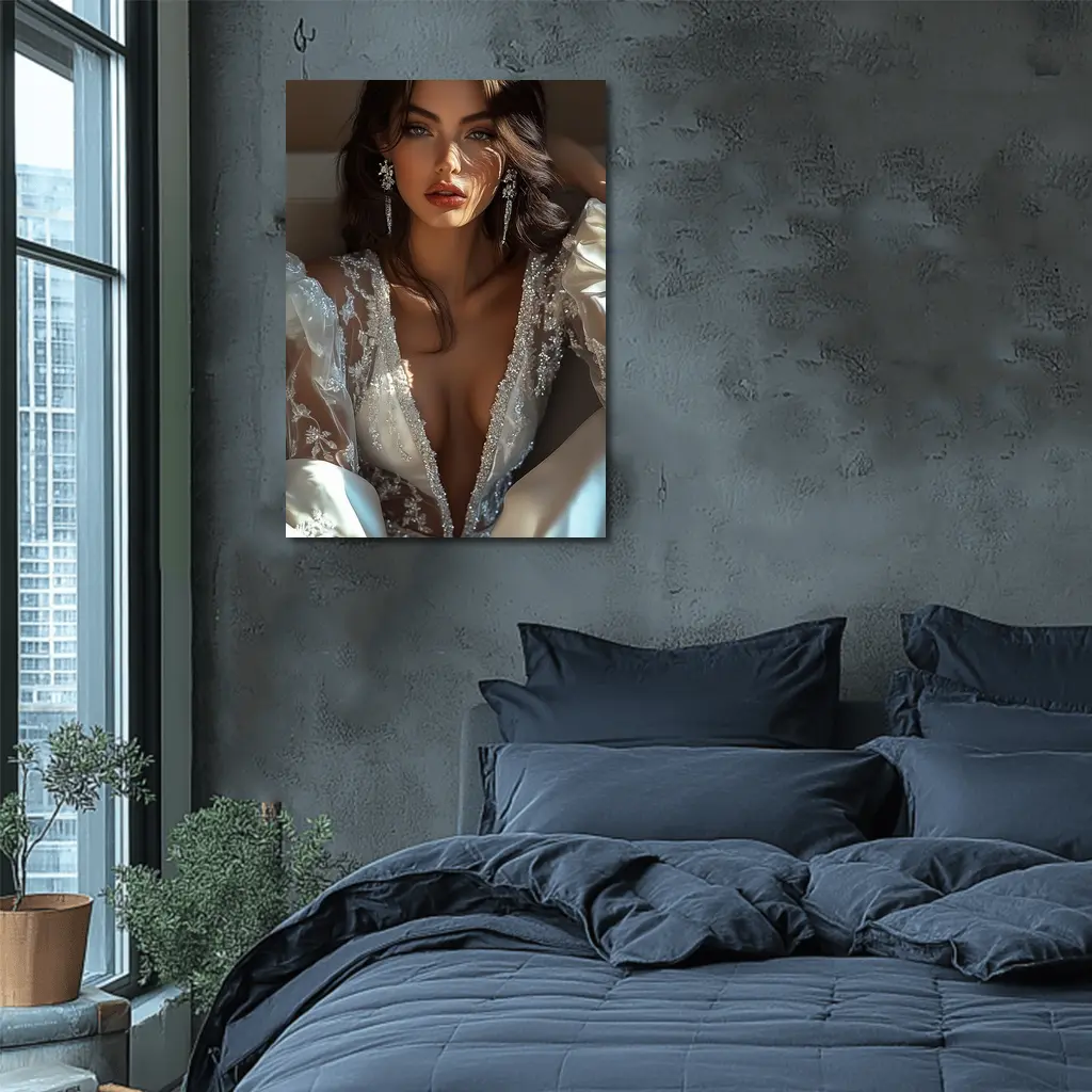 Elegant Woman White Lace Gown Portrait – Wall Art