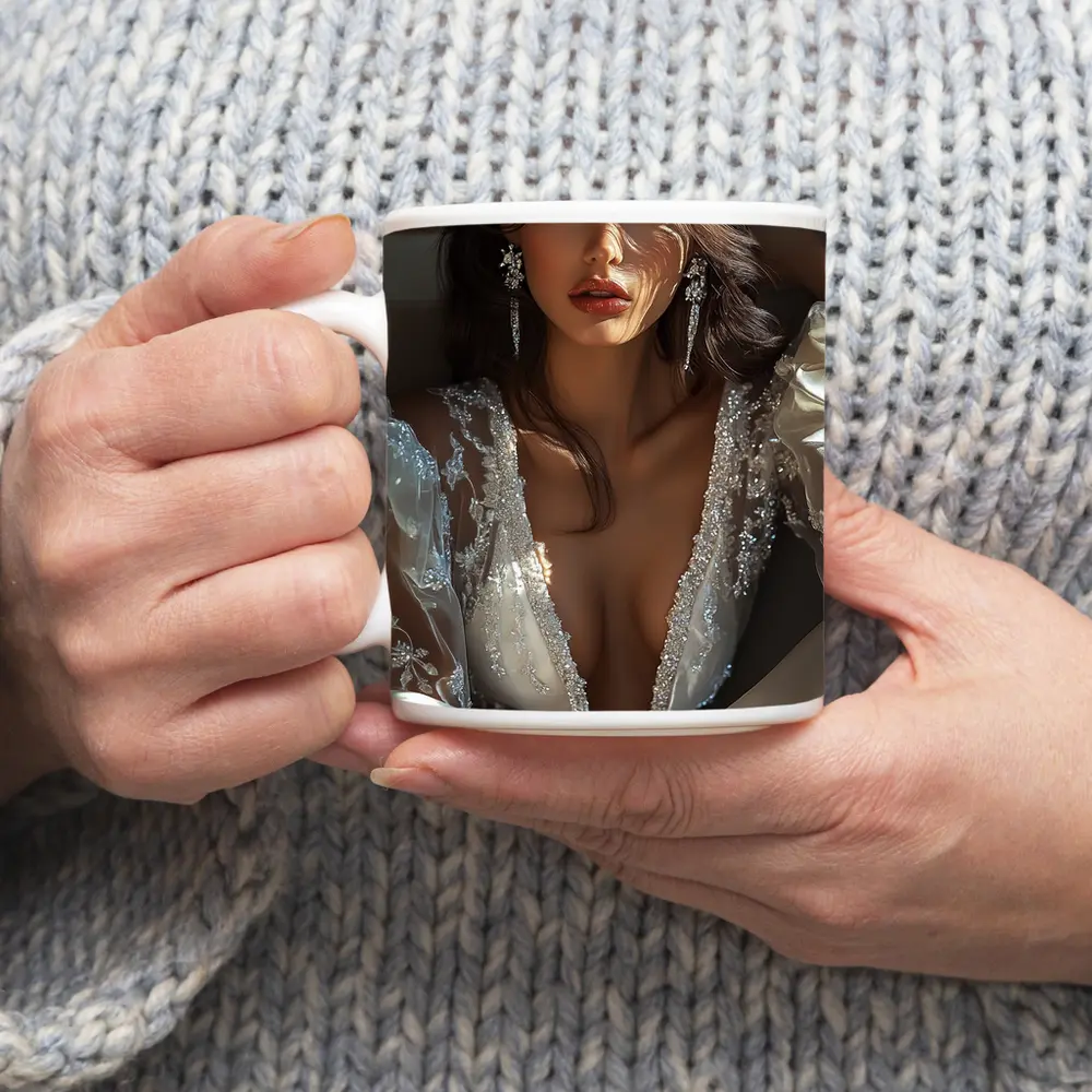 Elegant Woman White Lace Gown Portrait – Mugs