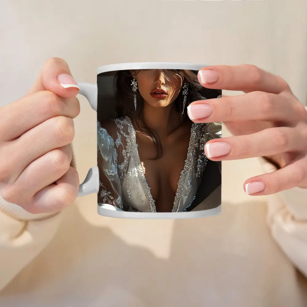 Elegant Woman White Lace Gown Portrait – Mugs