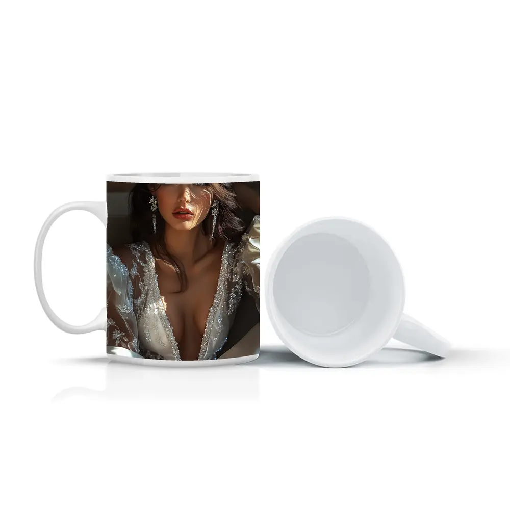 Elegant Woman White Lace Gown Portrait – Mugs