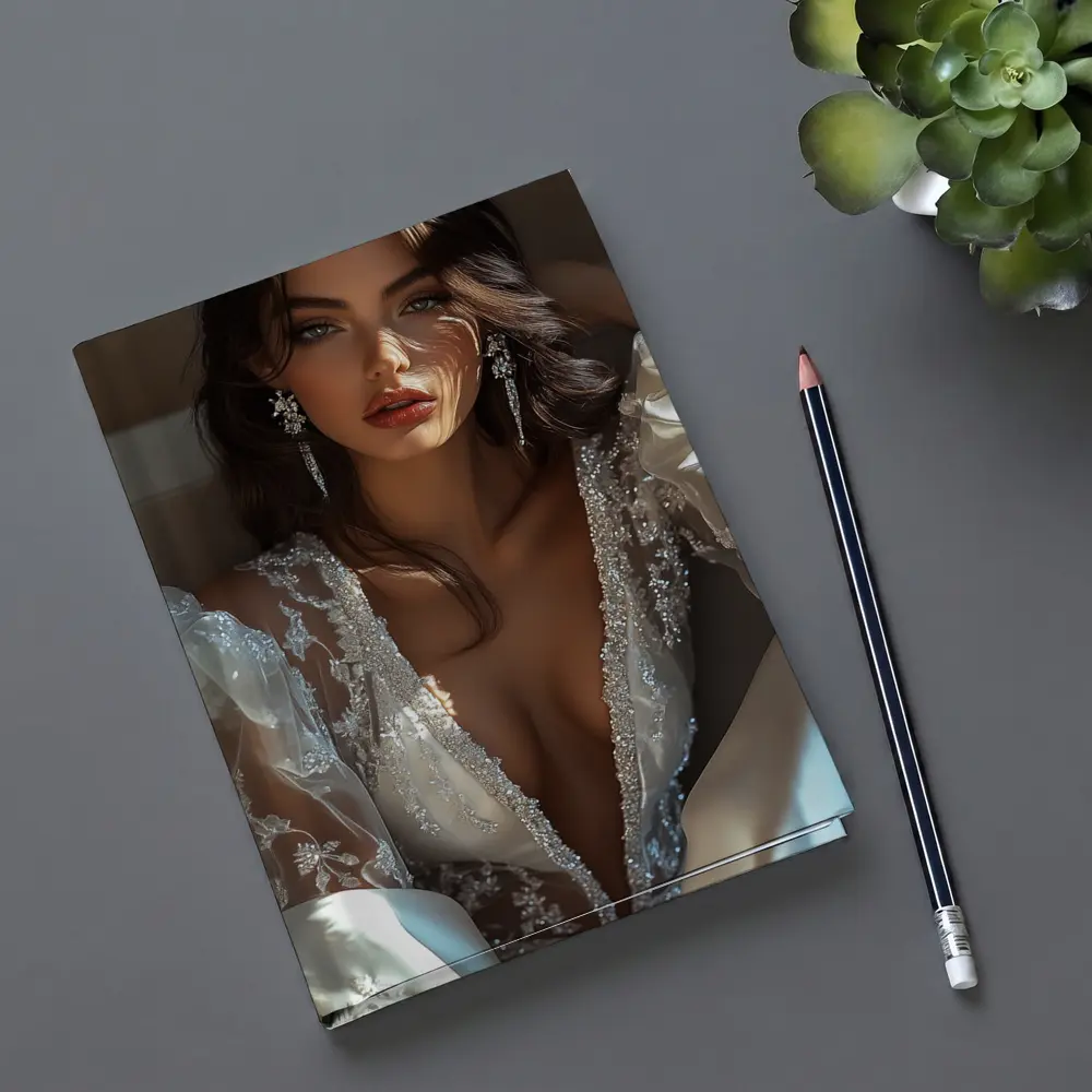 Elegant Woman White Lace Gown Portrait – Notebooks