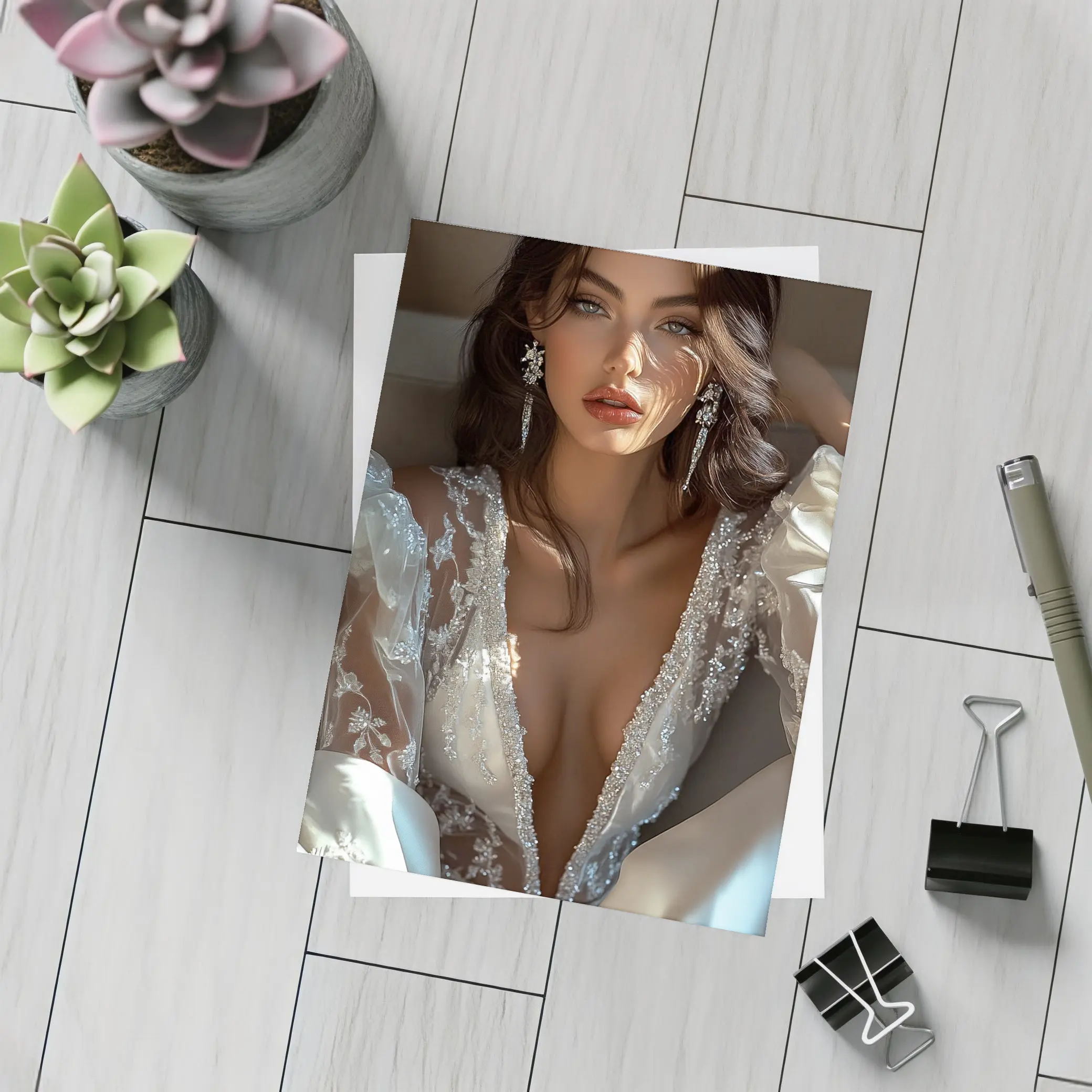 Elegant Woman White Lace Gown Portrait – Postcards