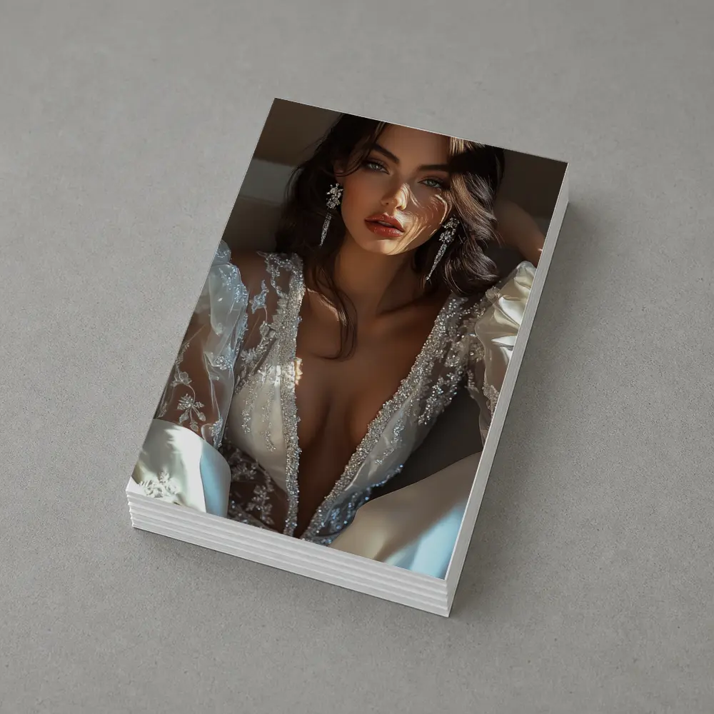 Elegant Woman White Lace Gown Portrait – Postcards