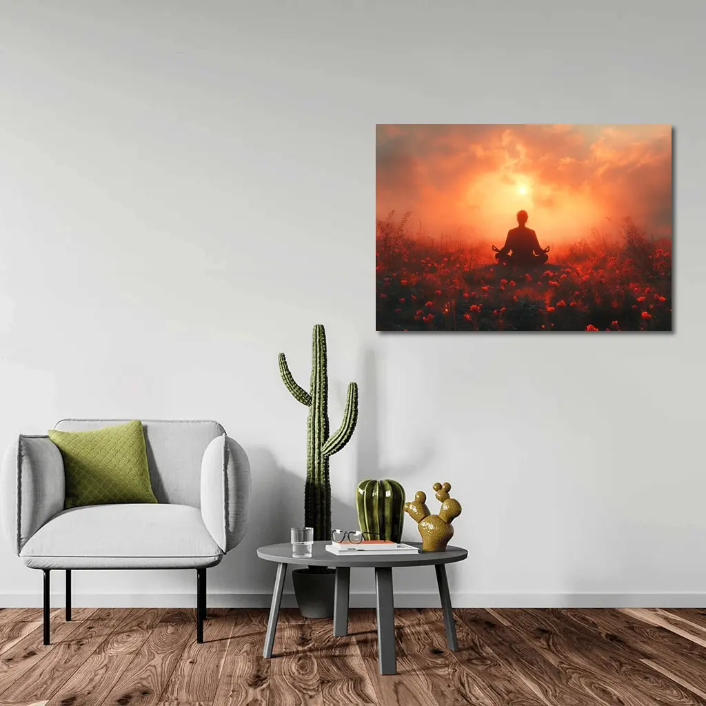 Meditation Silhouette Sunset Flower Field Red – Wall Art