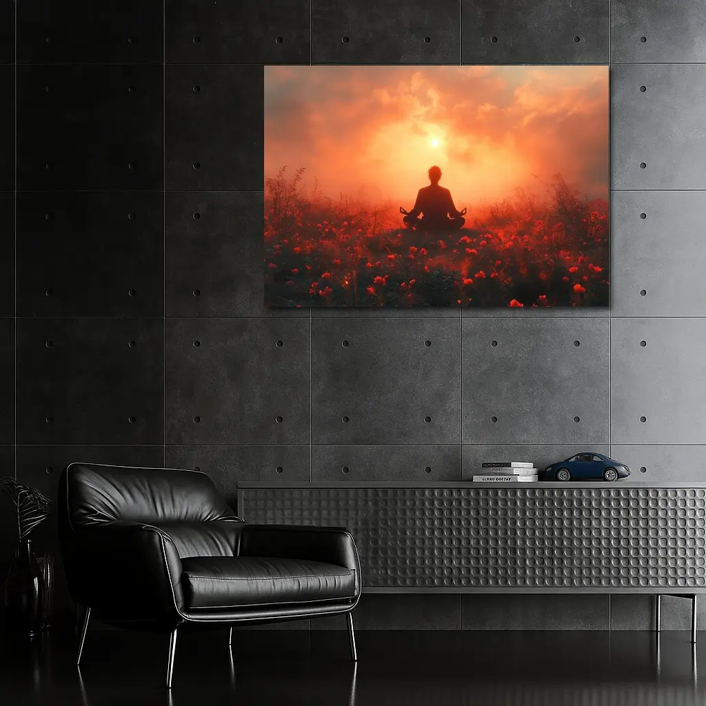 Meditation Silhouette Sunset Flower Field Red – Wall Art