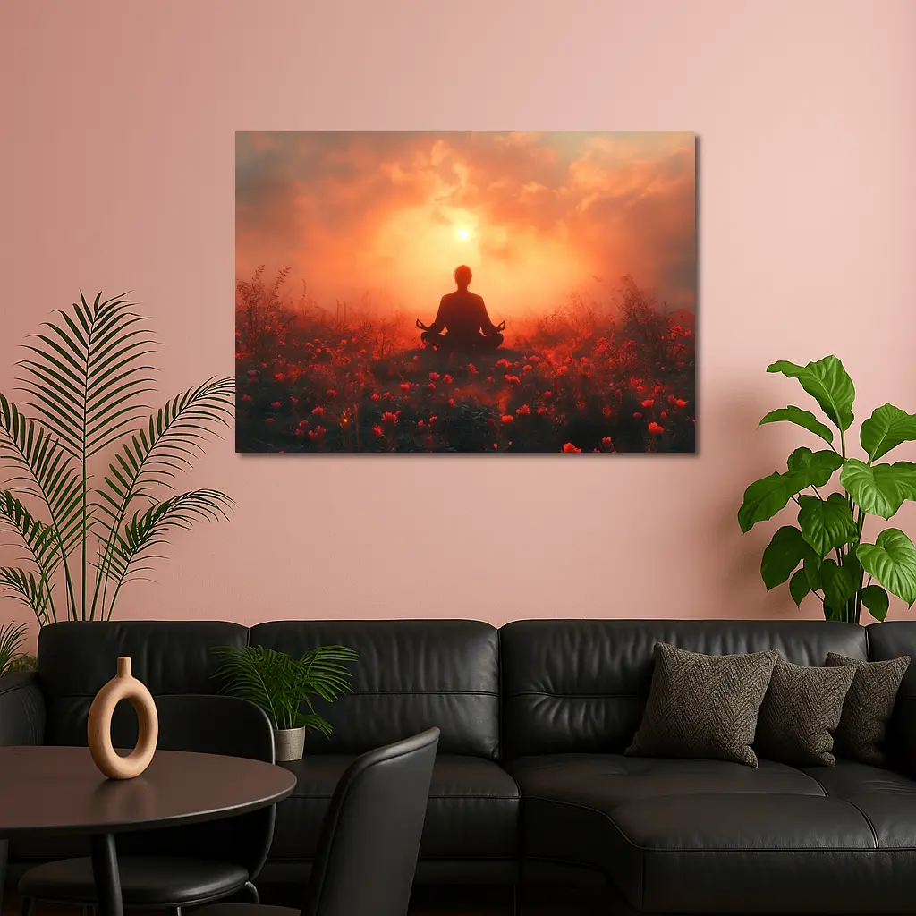 Meditation Silhouette Sunset Flower Field Red – Wall Art