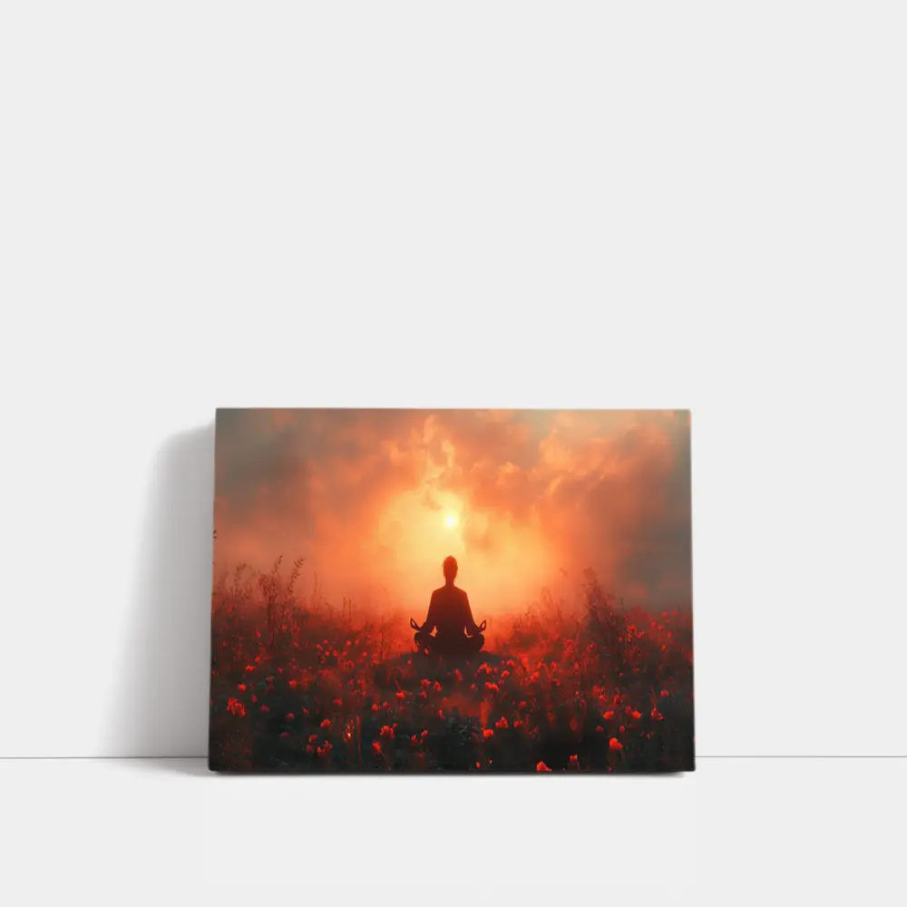 Meditation Silhouette Sunset Flower Field Red – Wall Art