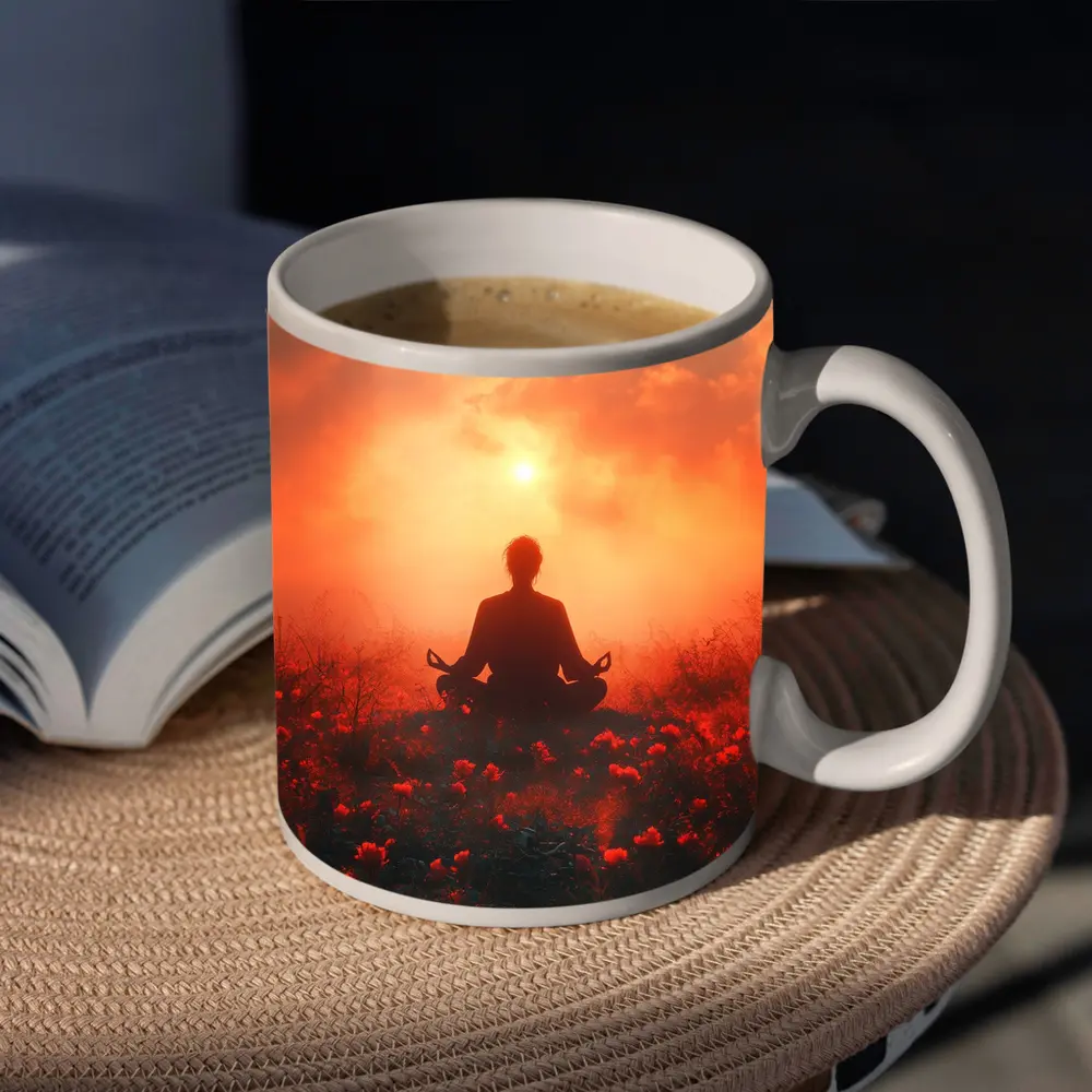 Meditation Silhouette Sunset Flower Field Red – Mugs