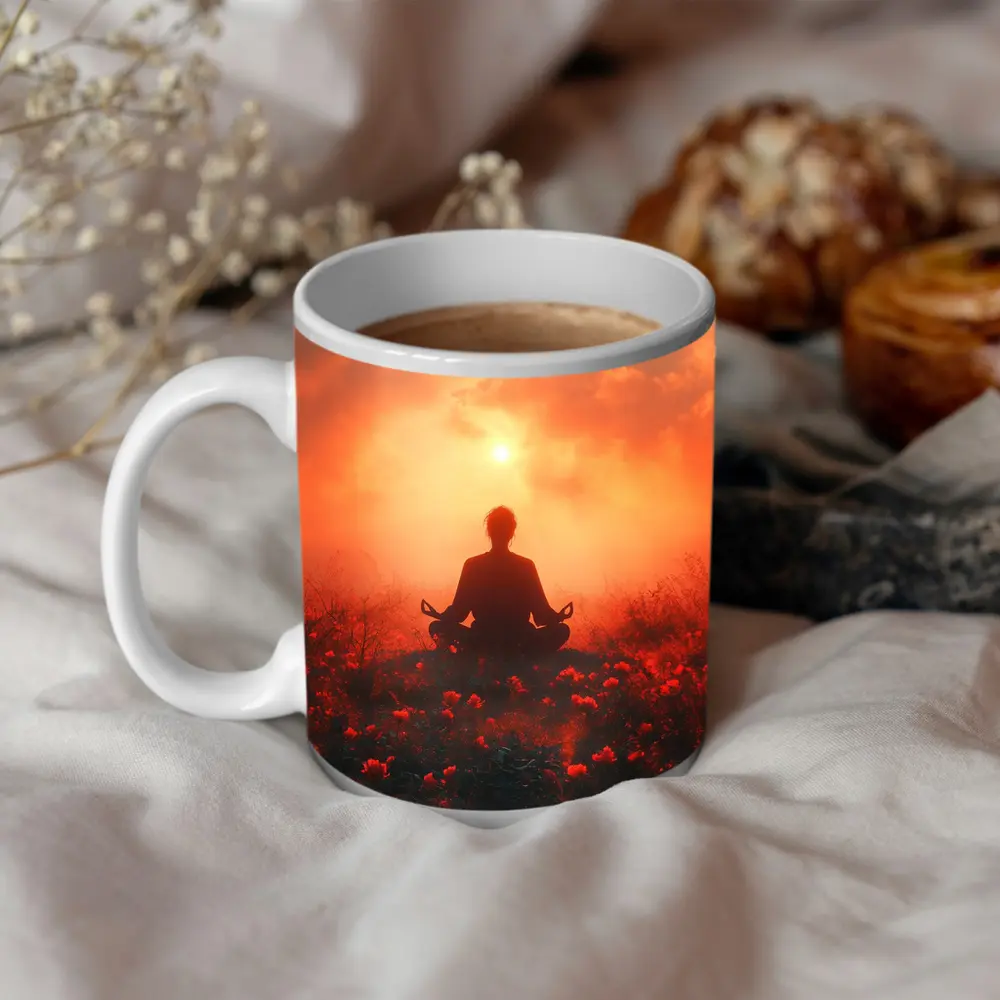 Meditation Silhouette Sunset Flower Field Red – Mugs
