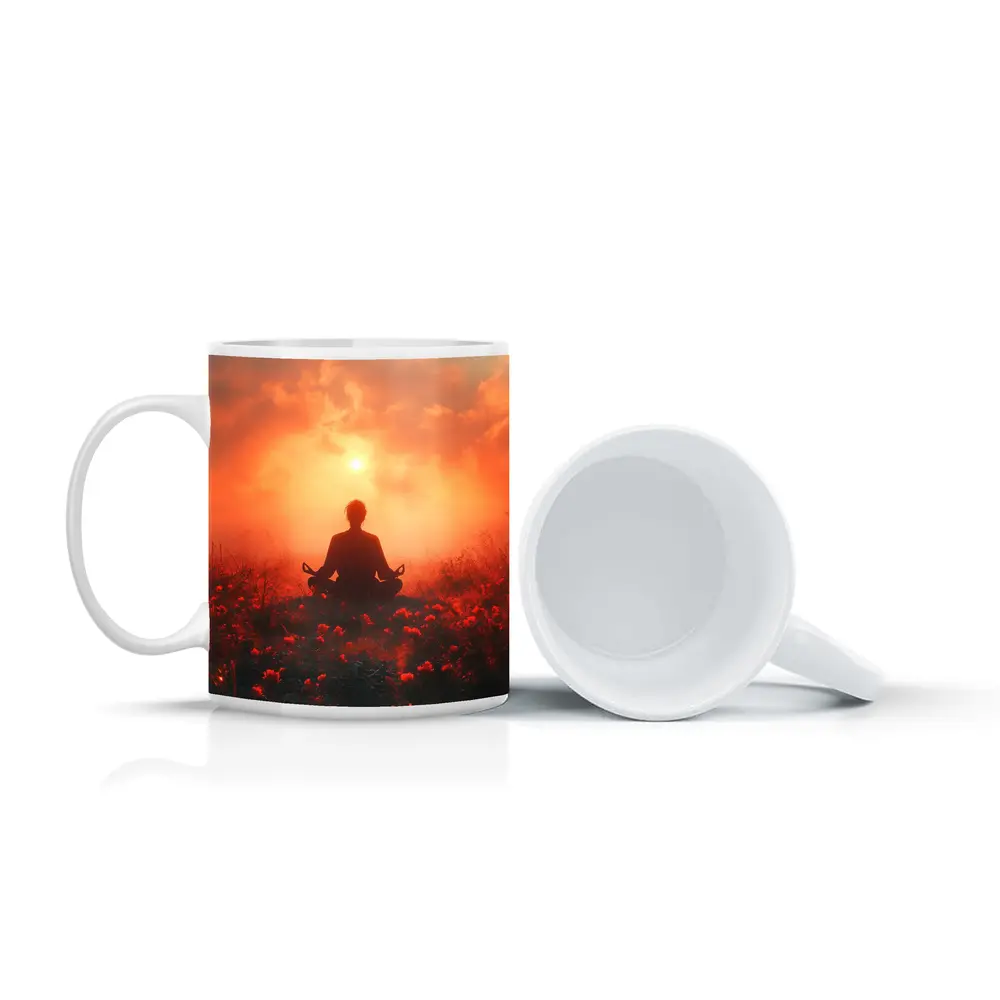 Meditation Silhouette Sunset Flower Field Red – Mugs
