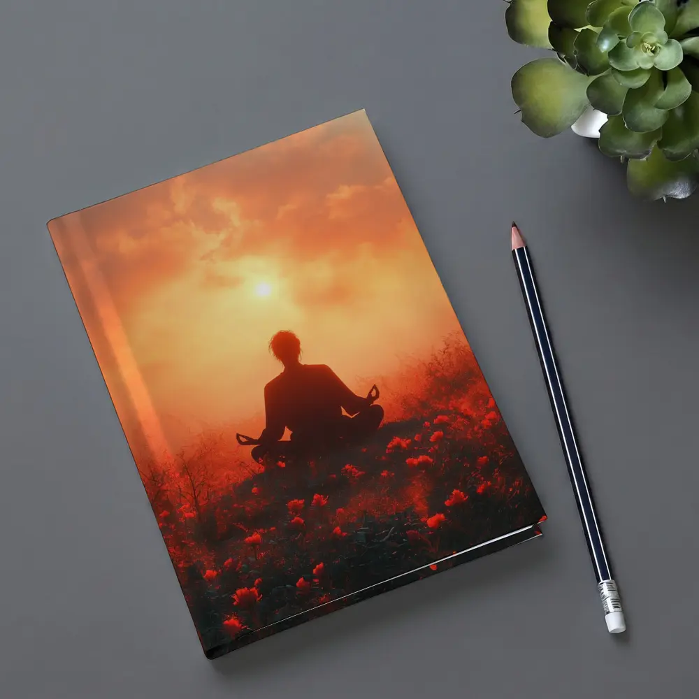 Meditation Silhouette Sunset Flower Field Red – Notebooks