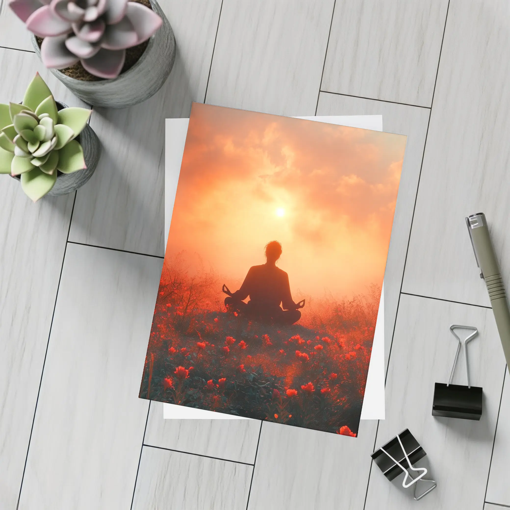 Meditation Silhouette Sunset Flower Field Red – Postcards