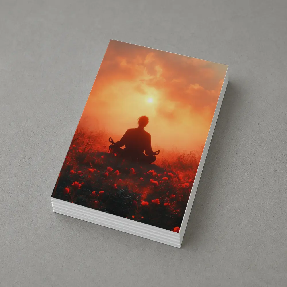 Meditation Silhouette Sunset Flower Field Red – Postcards