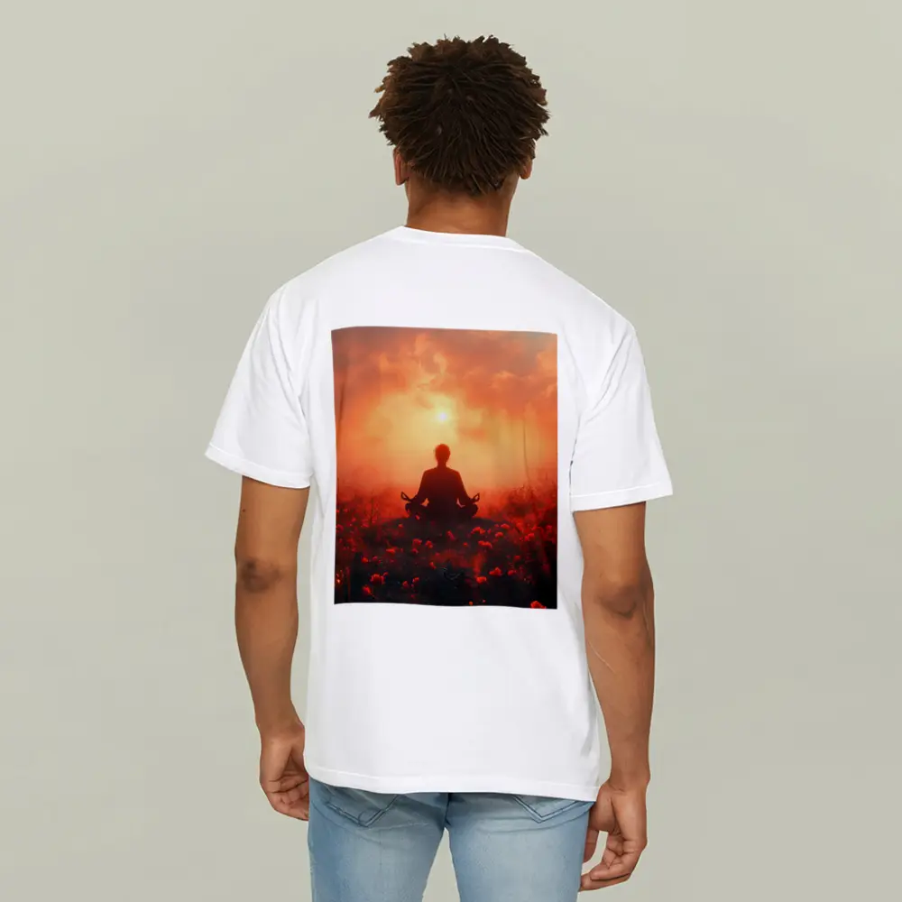 Meditation Silhouette Sunset Flower Field Red – T-Shirts