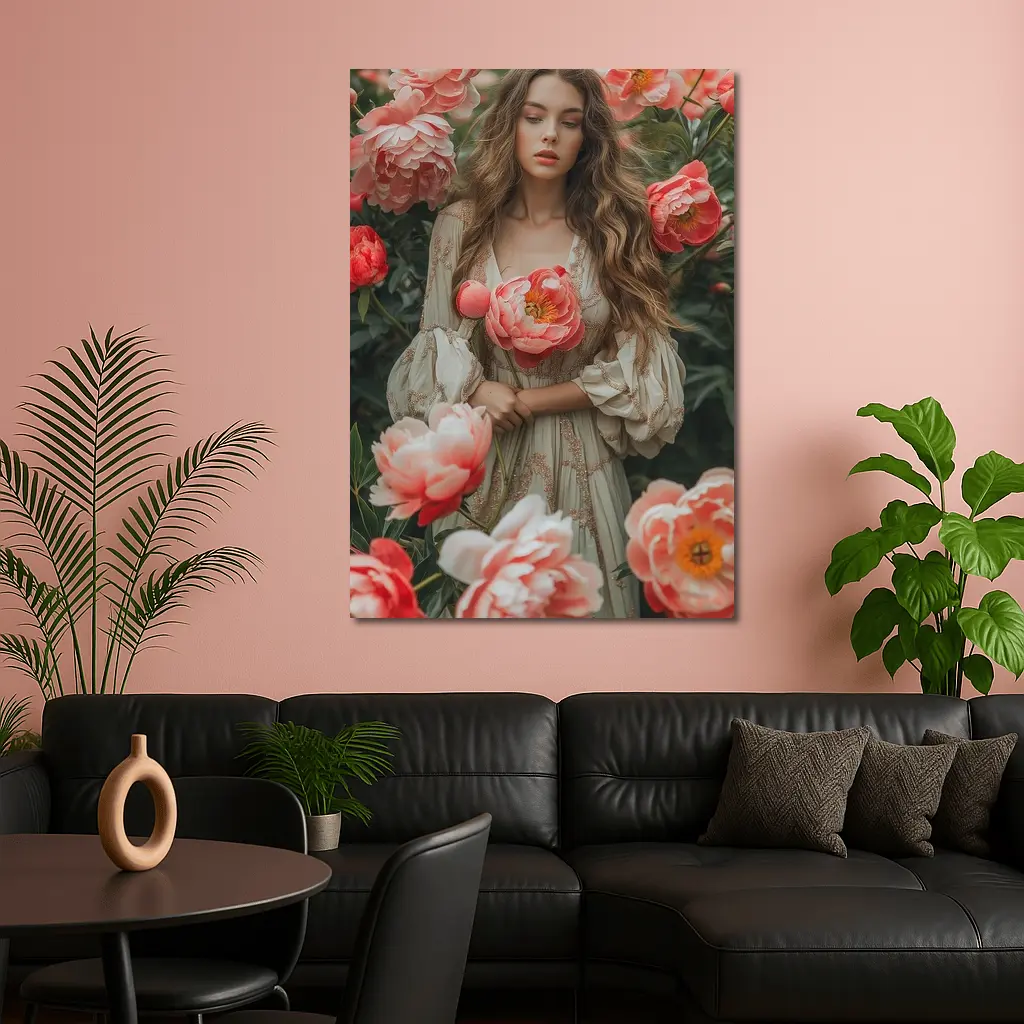 Woman Among Pink Peonies Garden Floral – Wall Art