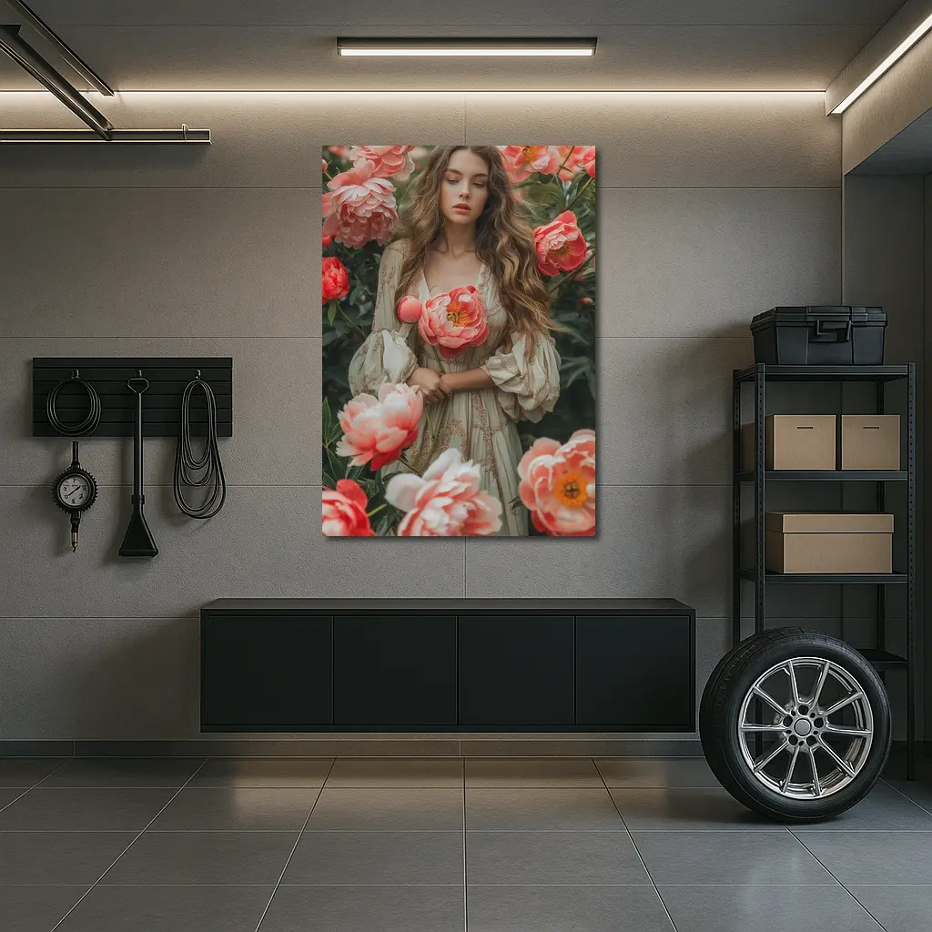 Woman Among Pink Peonies Garden Floral – Wall Art