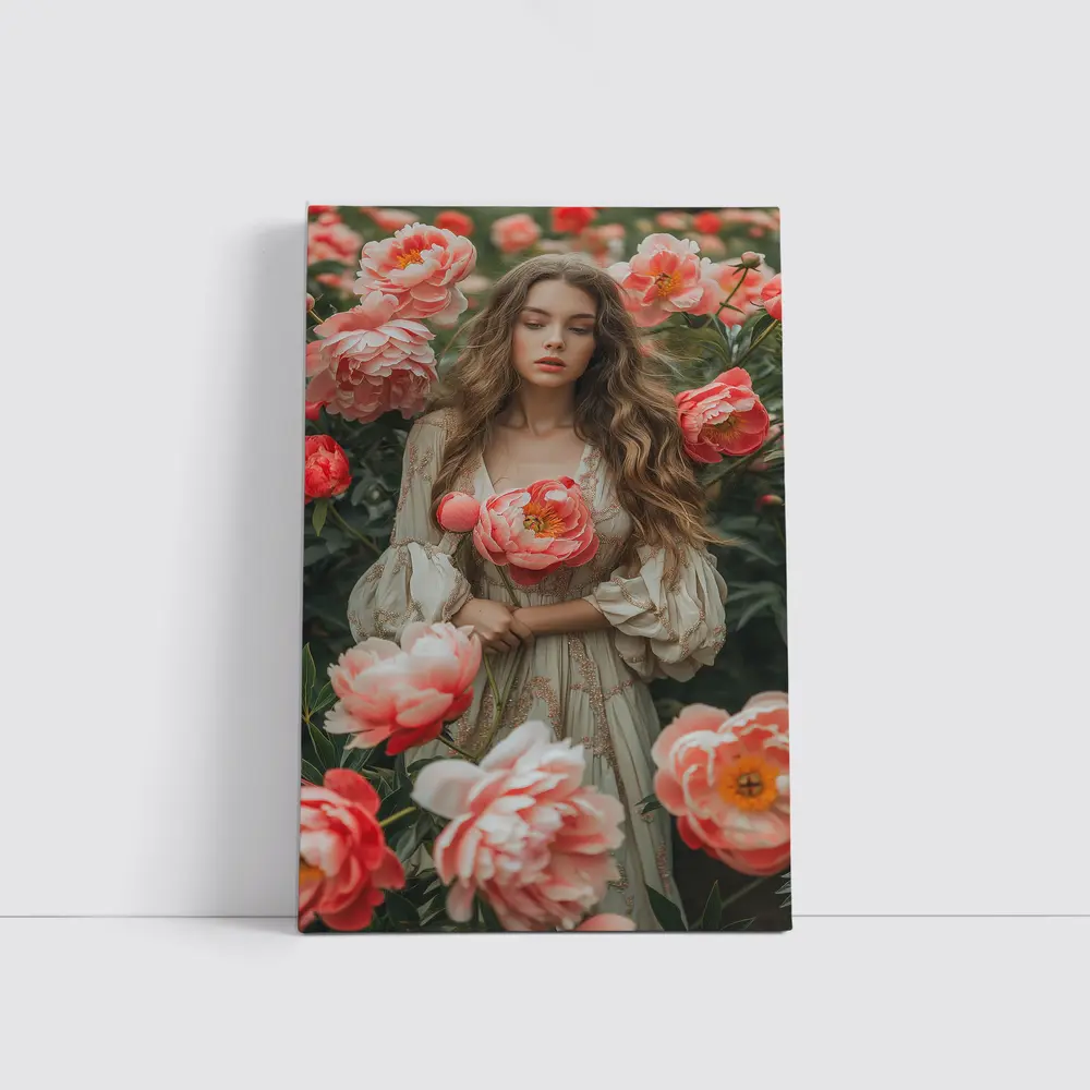 Woman Among Pink Peonies Garden Floral – Wall Art
