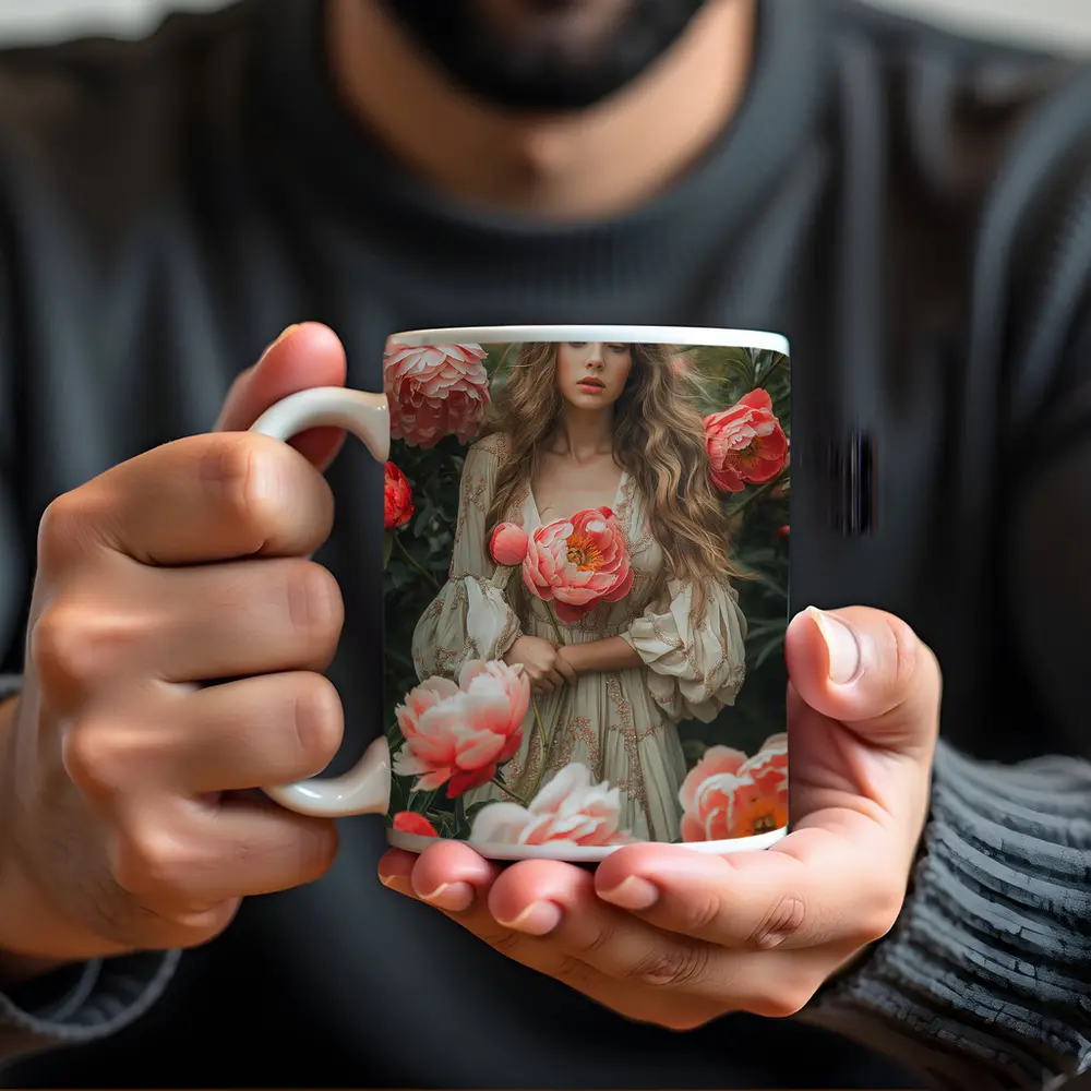 Woman Among Pink Peonies Garden Floral – Mugs