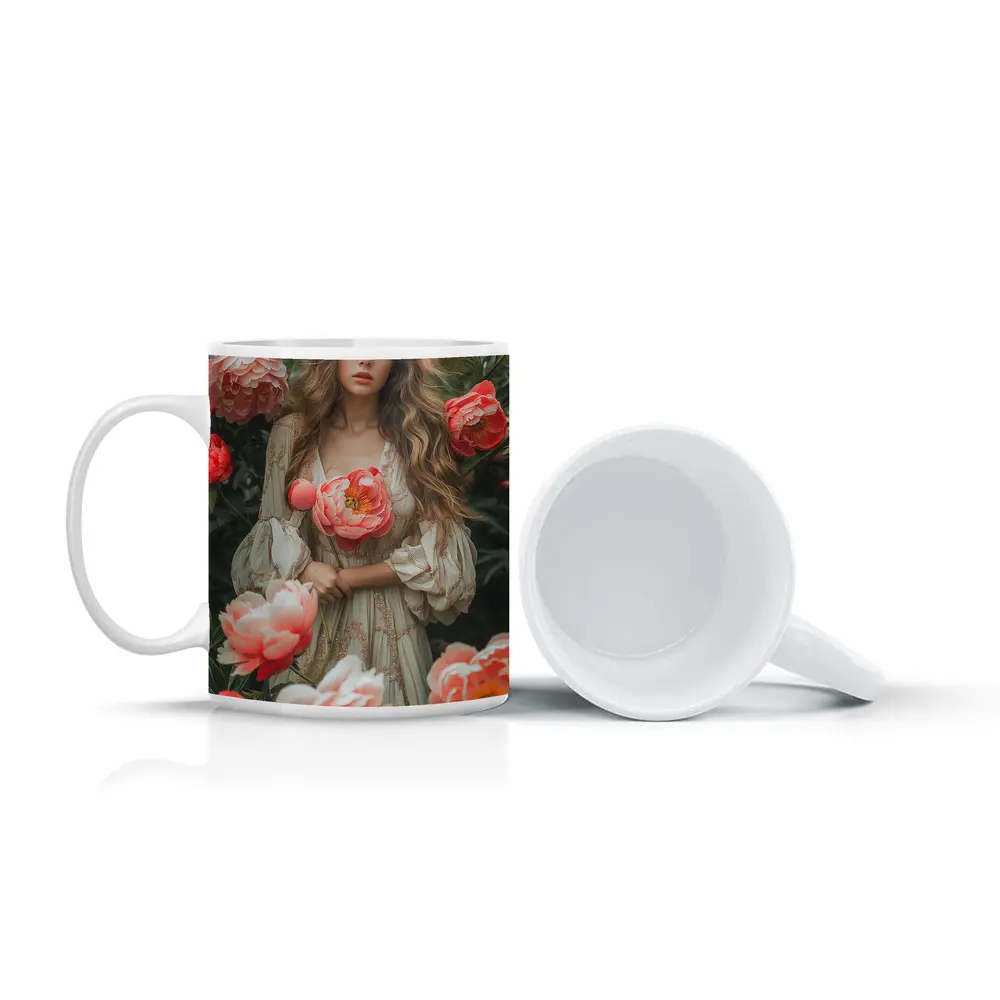 Woman Among Pink Peonies Garden Floral – Mugs