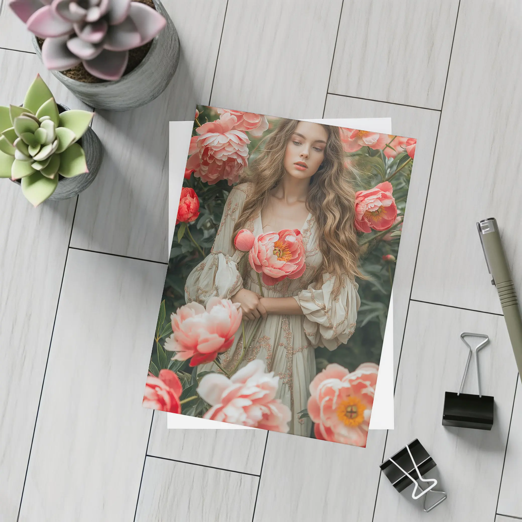 Woman Among Pink Peonies Garden Floral – Postcards