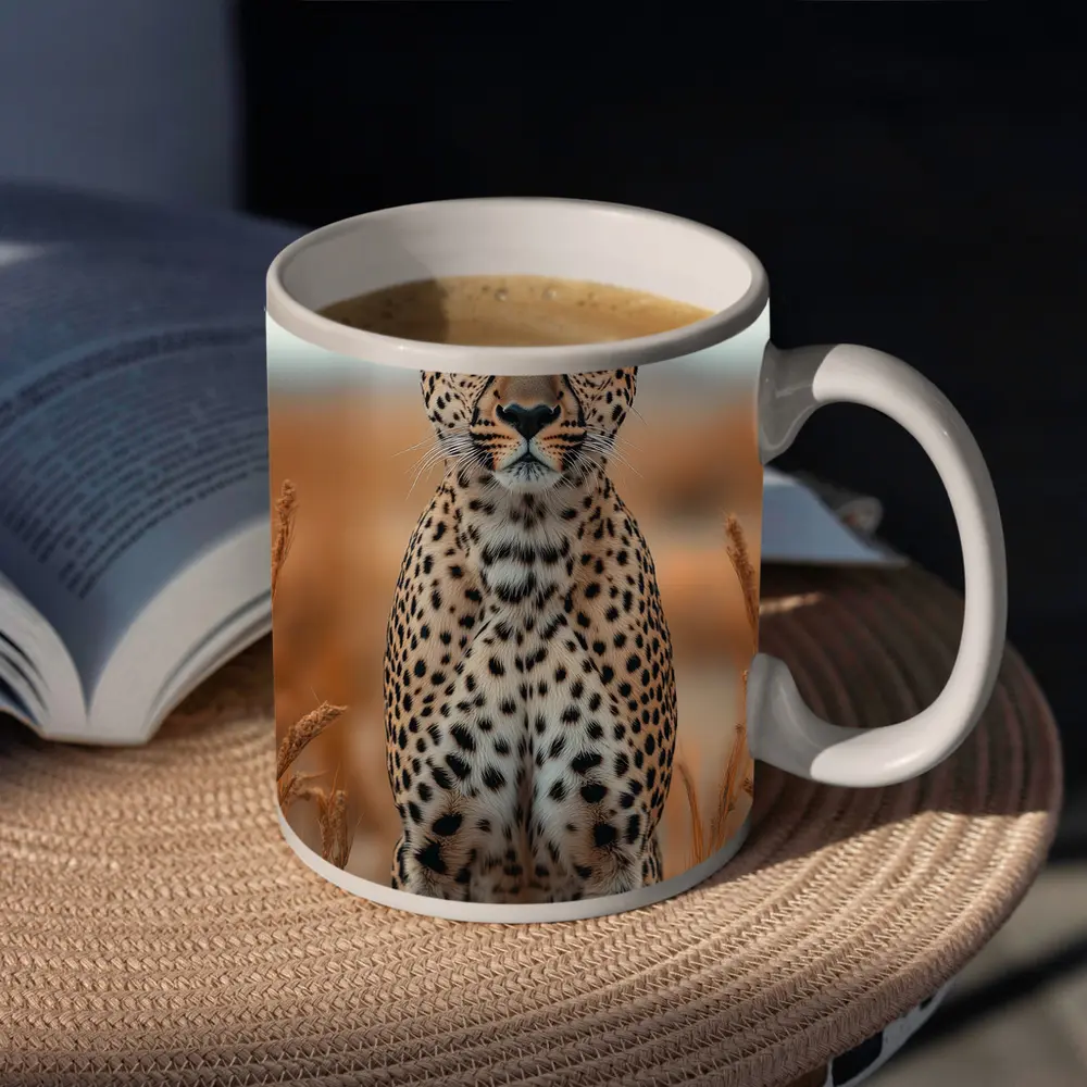 Leopard Standing In Golden Savanna Grass – Mugs