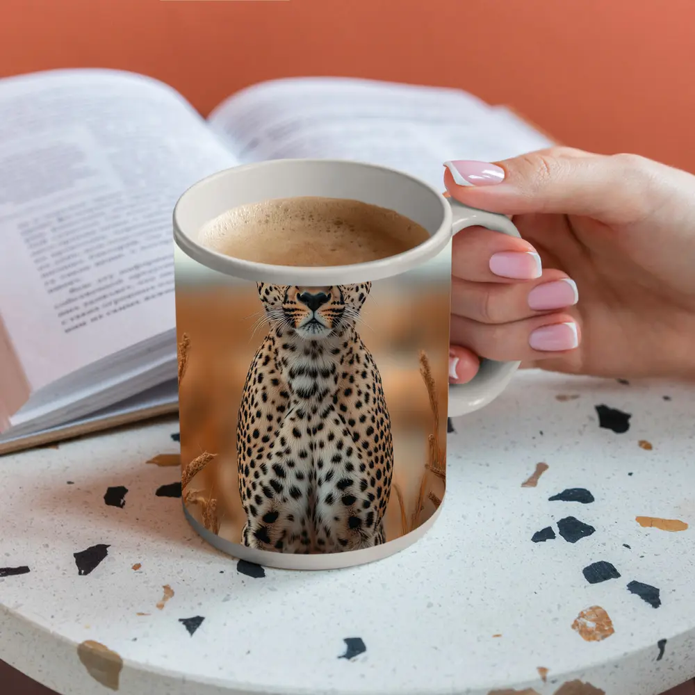 Leopard Standing In Golden Savanna Grass – Mugs