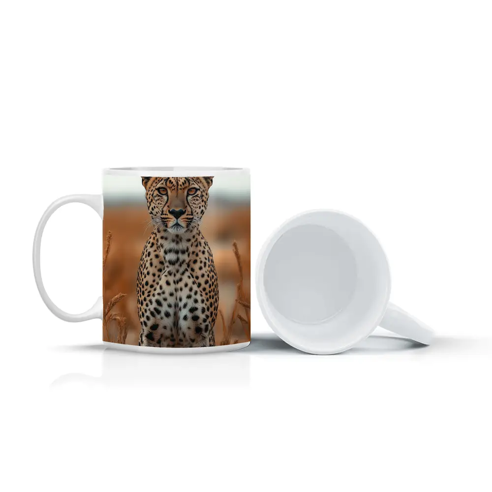 Leopard Standing In Golden Savanna Grass – Mugs