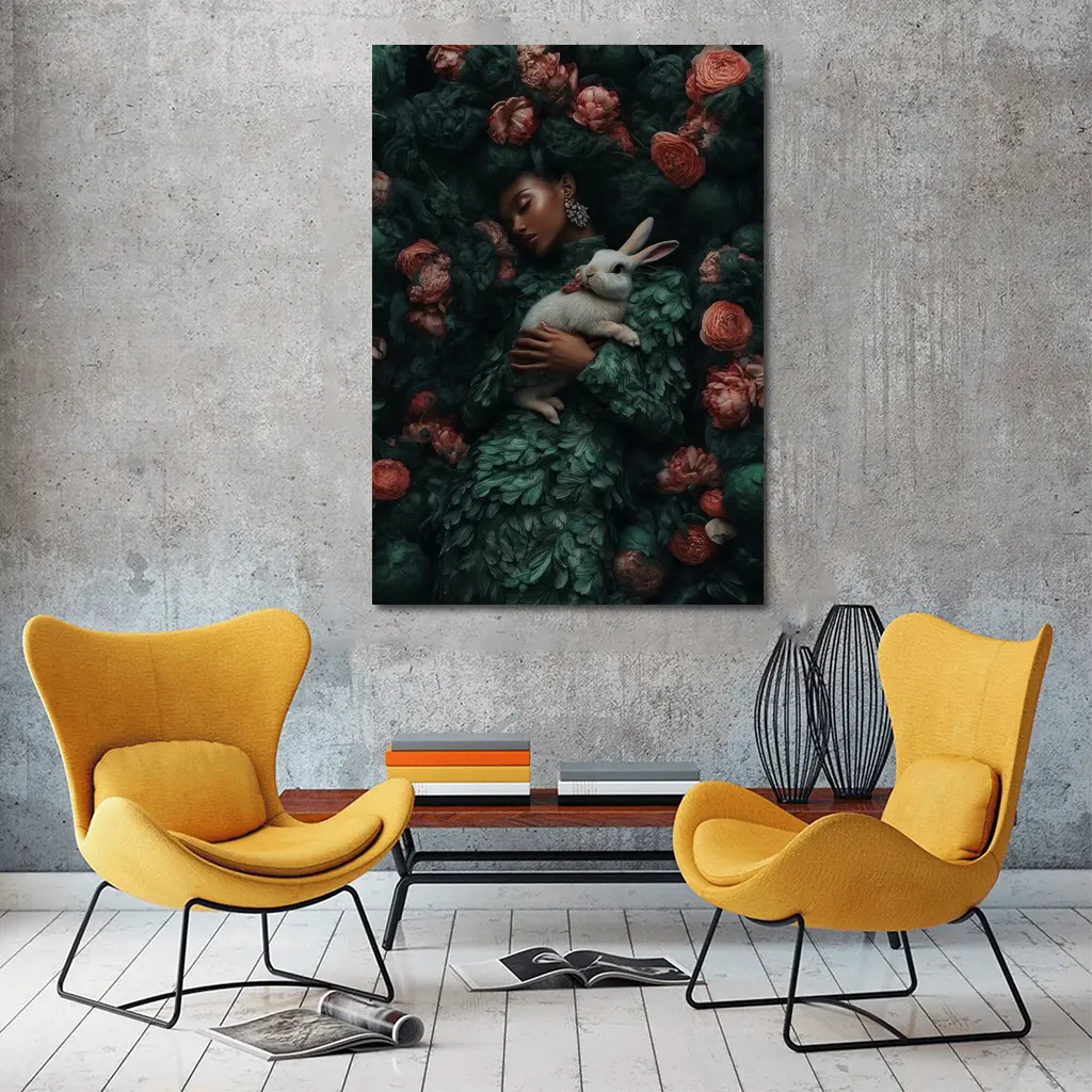 Woman Sleeping With White Rabbit Floral – Wall Art