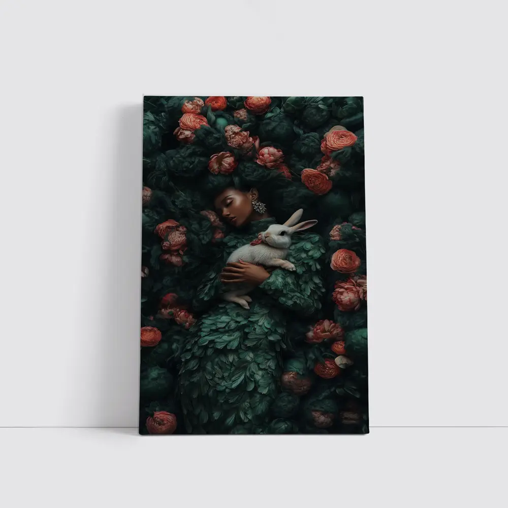 Woman Sleeping With White Rabbit Floral – Wall Art
