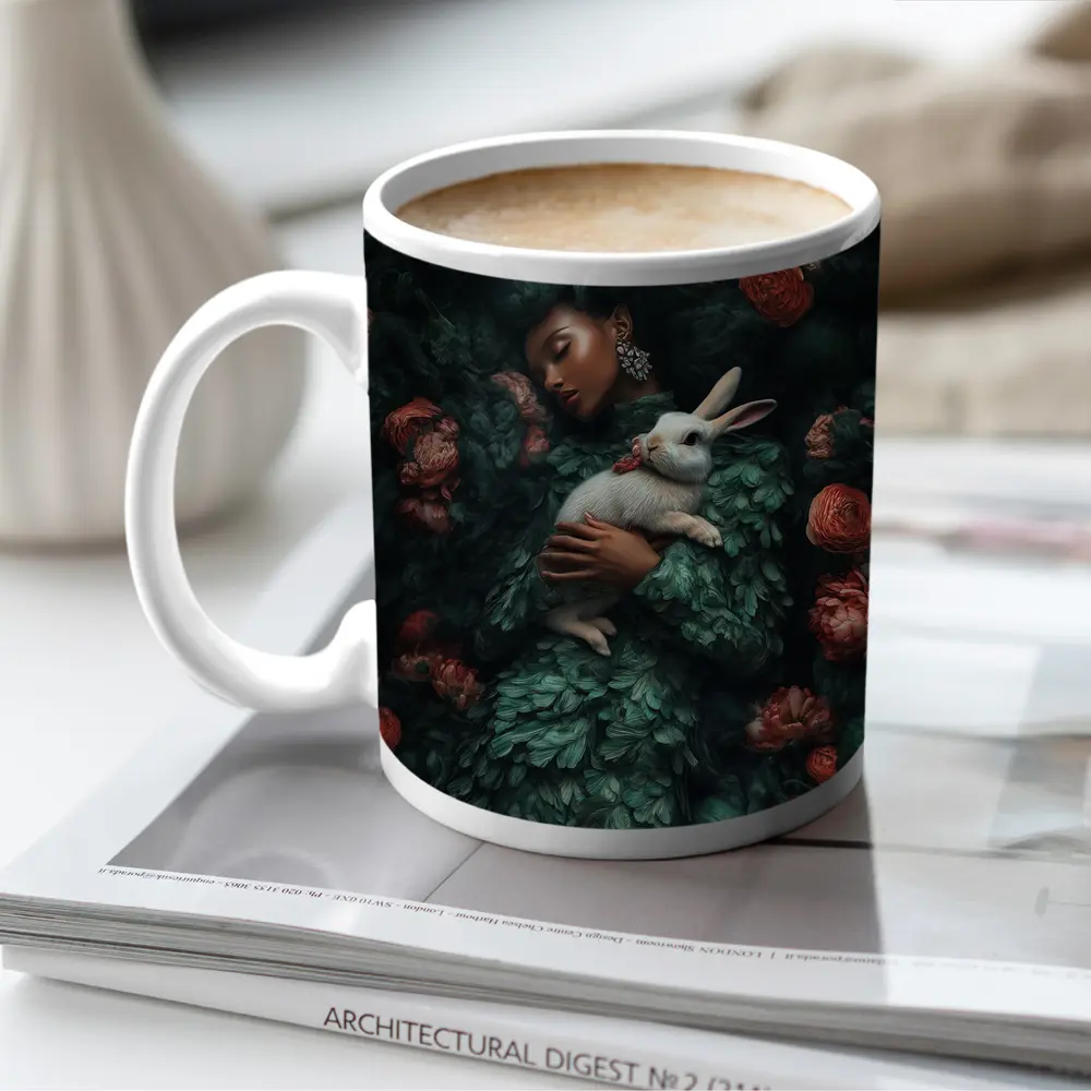 Woman Sleeping With White Rabbit Floral – Mugs