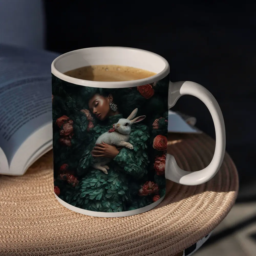 Woman Sleeping With White Rabbit Floral – Mugs