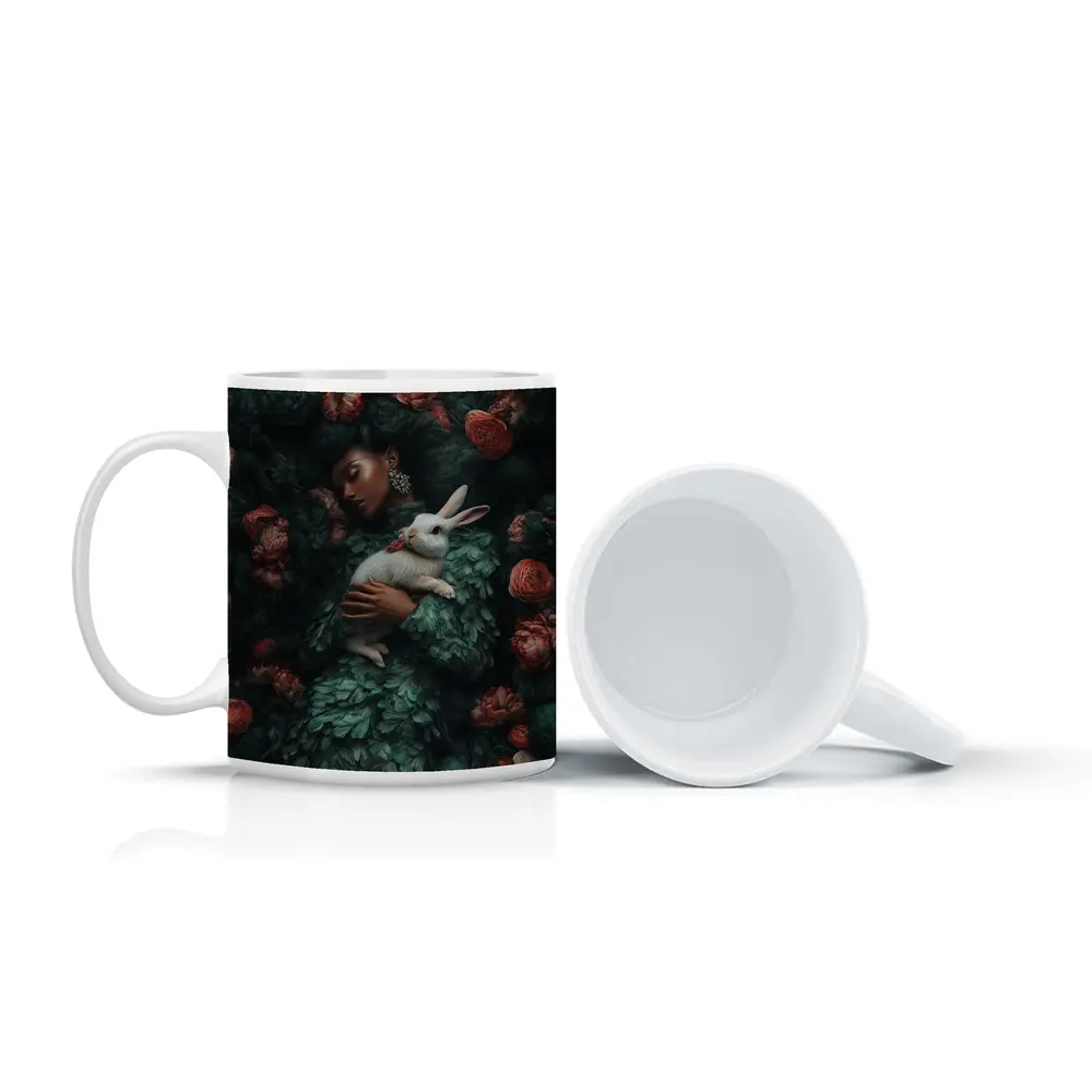 Woman Sleeping With White Rabbit Floral – Mugs