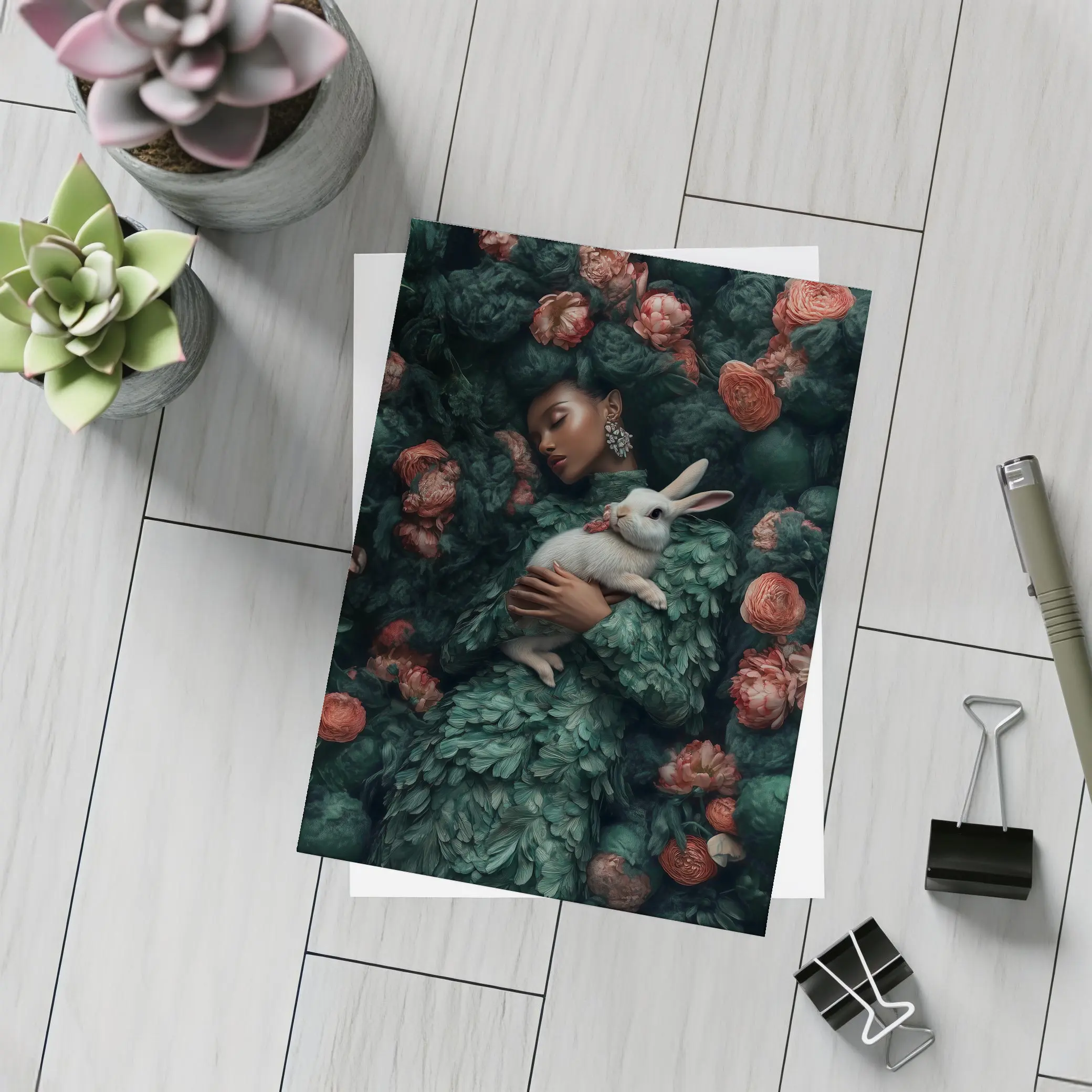 Woman Sleeping With White Rabbit Floral – Postcards