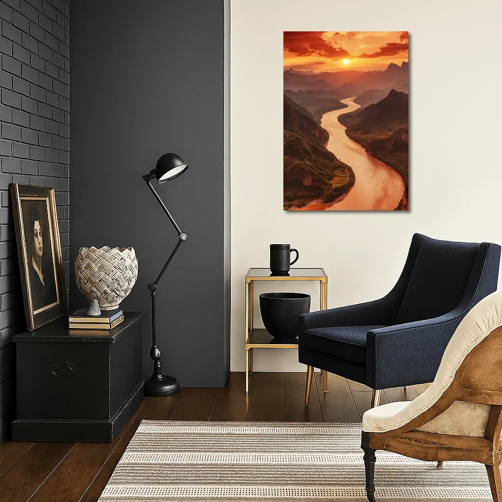 Winding River Valley Sunset Mountain Landscape – Wall Art