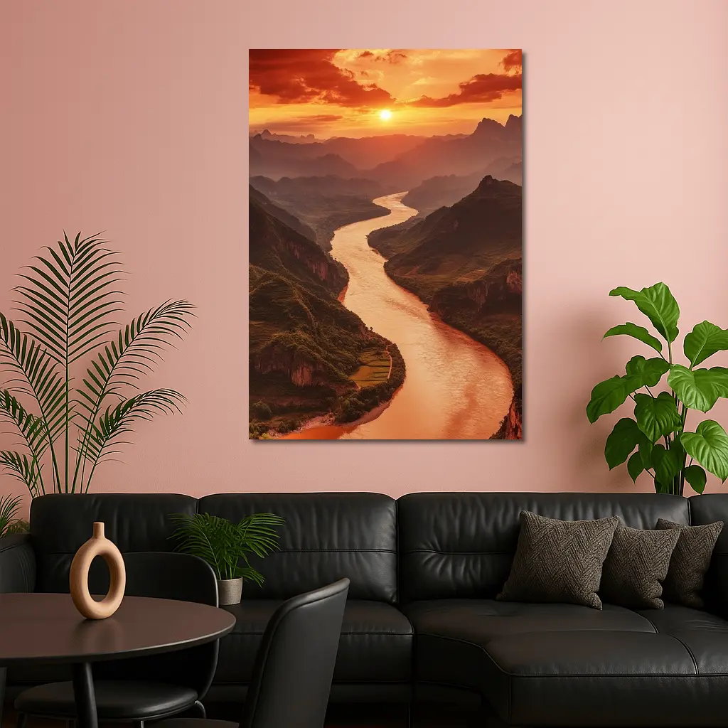 Winding River Valley Sunset Mountain Landscape – Wall Art