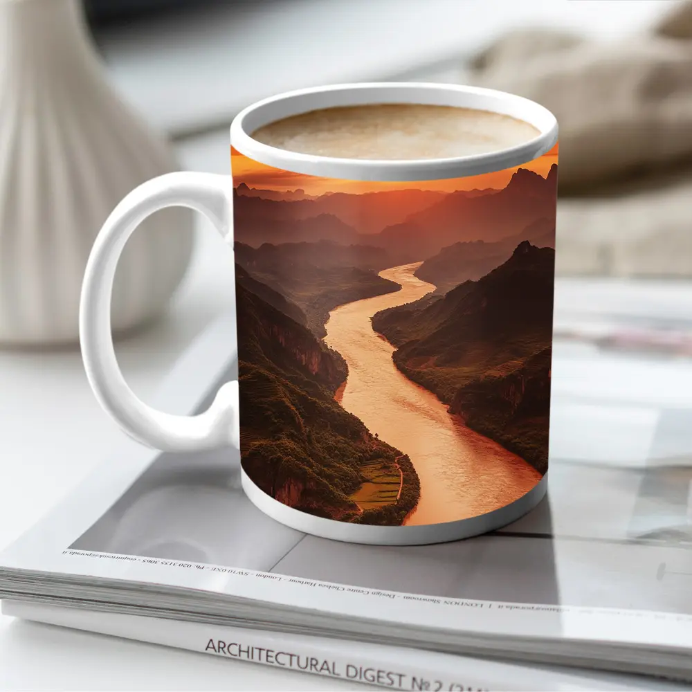 Winding River Valley Sunset Mountain Landscape – Mugs