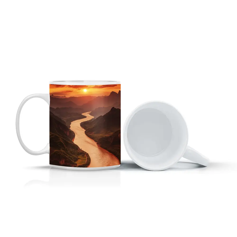 Winding River Valley Sunset Mountain Landscape – Mugs