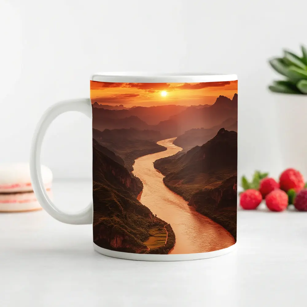 Winding River Valley Sunset Mountain Landscape – Mugs