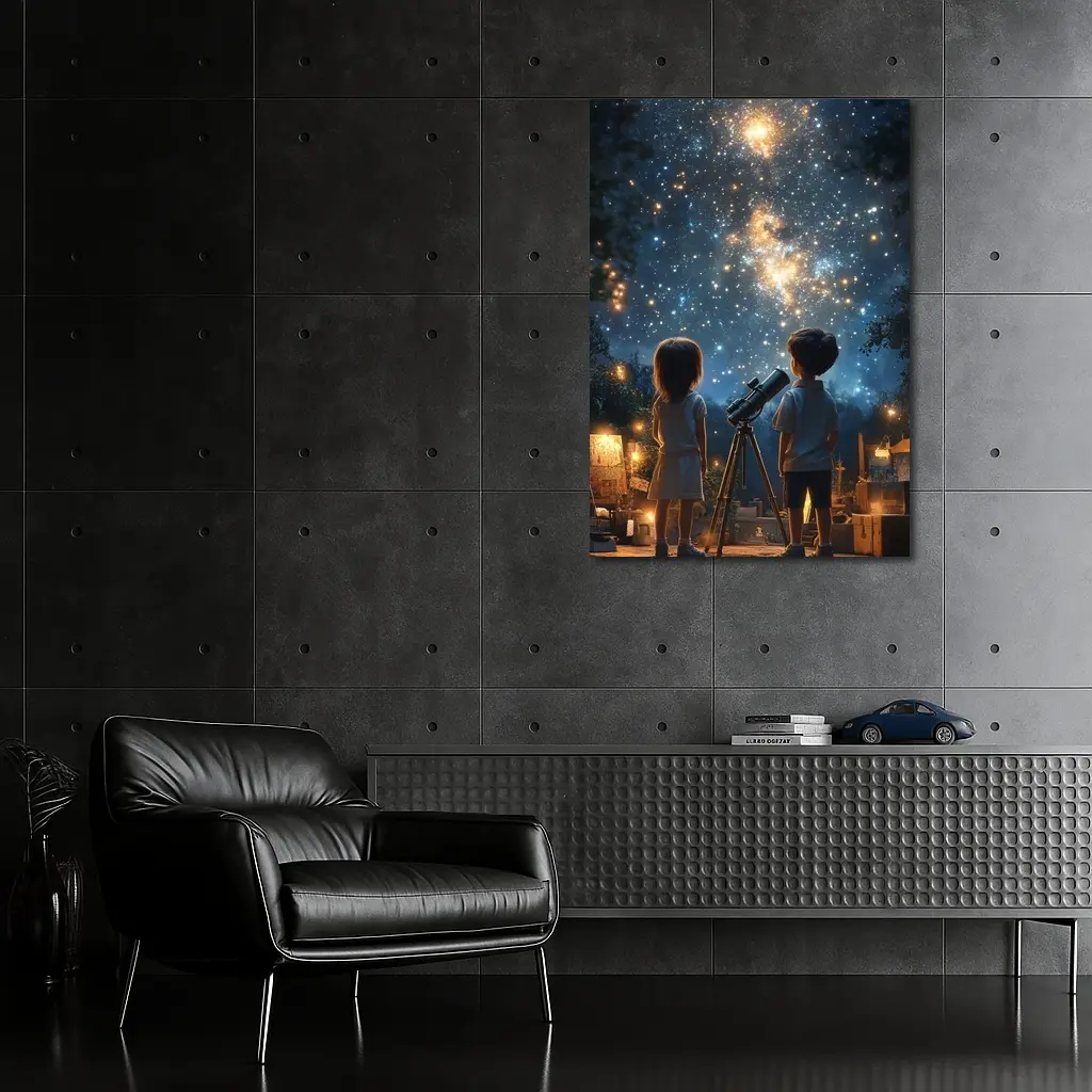 Children Stargazing With Telescope Night Sky – Wall Art