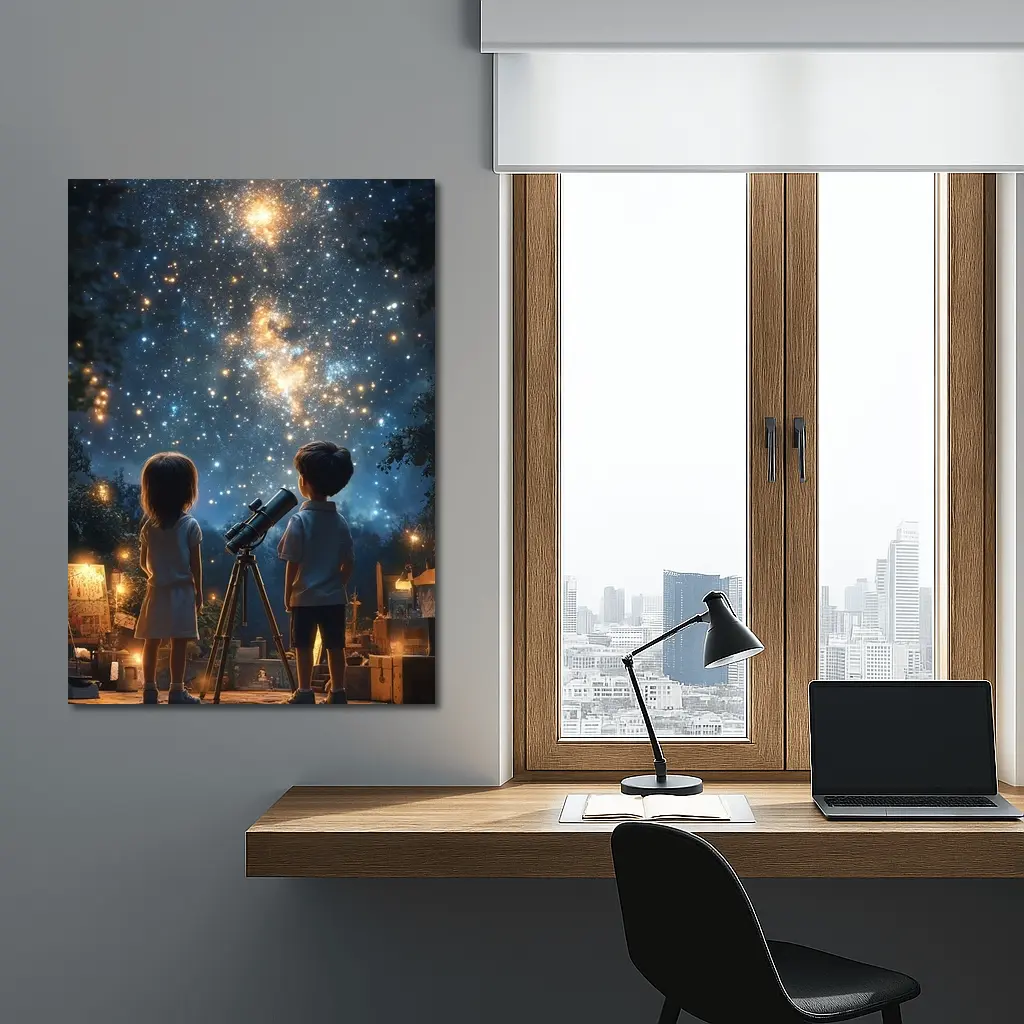 Children Stargazing With Telescope Night Sky – Wall Art