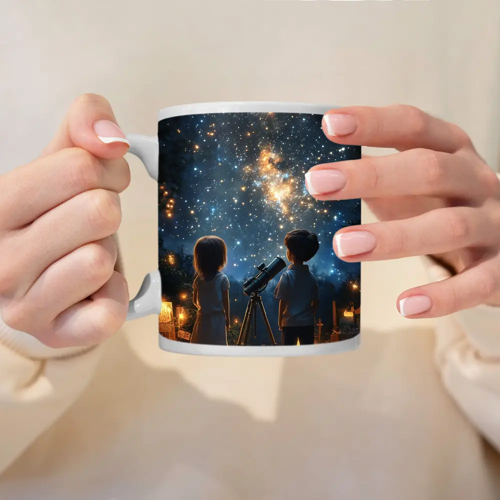 Children Stargazing With Telescope Night Sky – Mugs