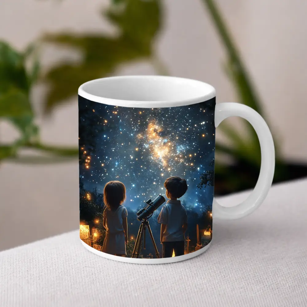 Children Stargazing With Telescope Night Sky – Mugs