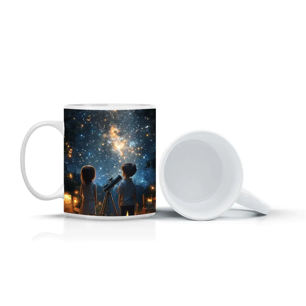 Children Stargazing With Telescope Night Sky – Mugs