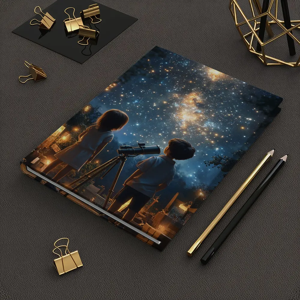Children Stargazing With Telescope Night Sky – Notebooks