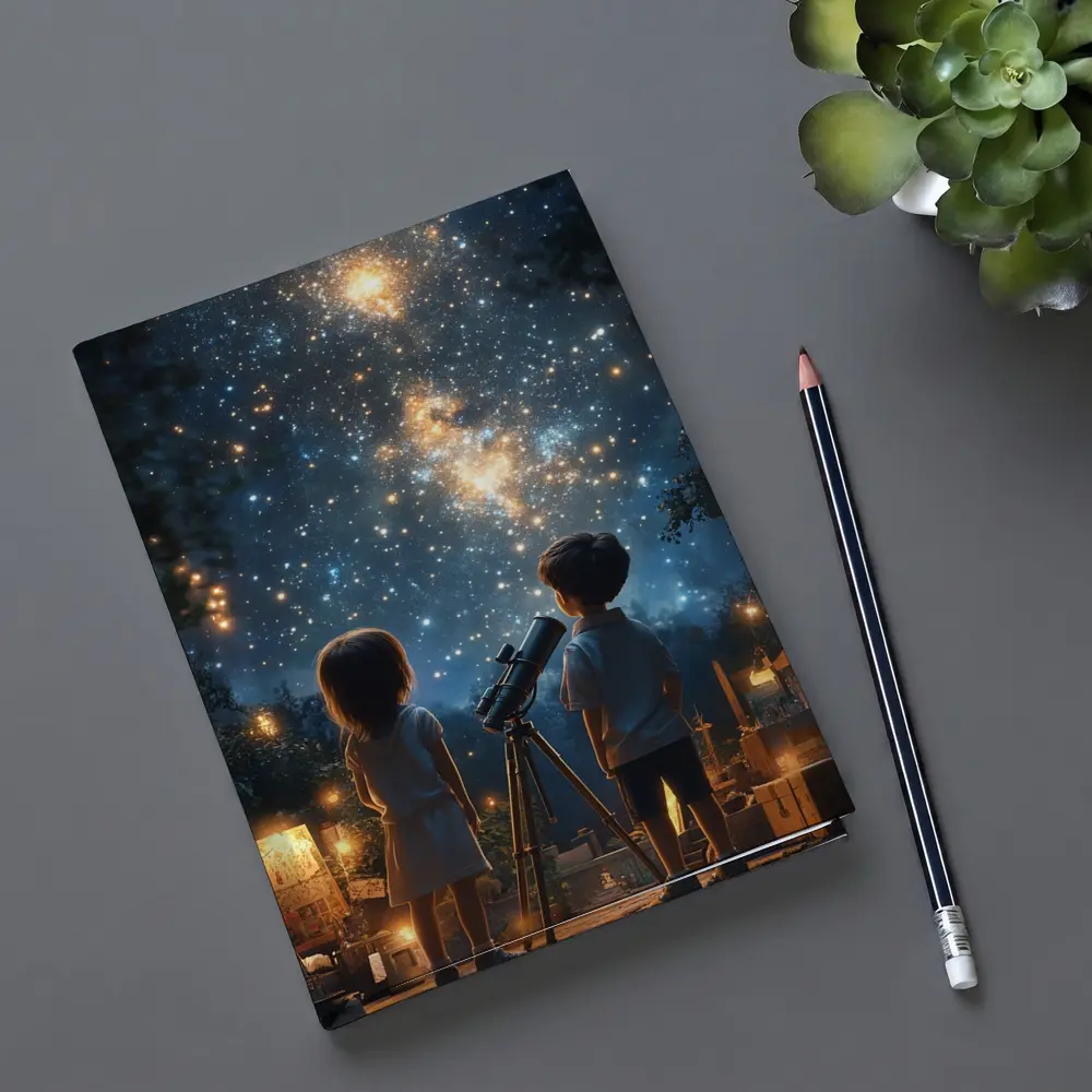 Children Stargazing With Telescope Night Sky – Notebooks