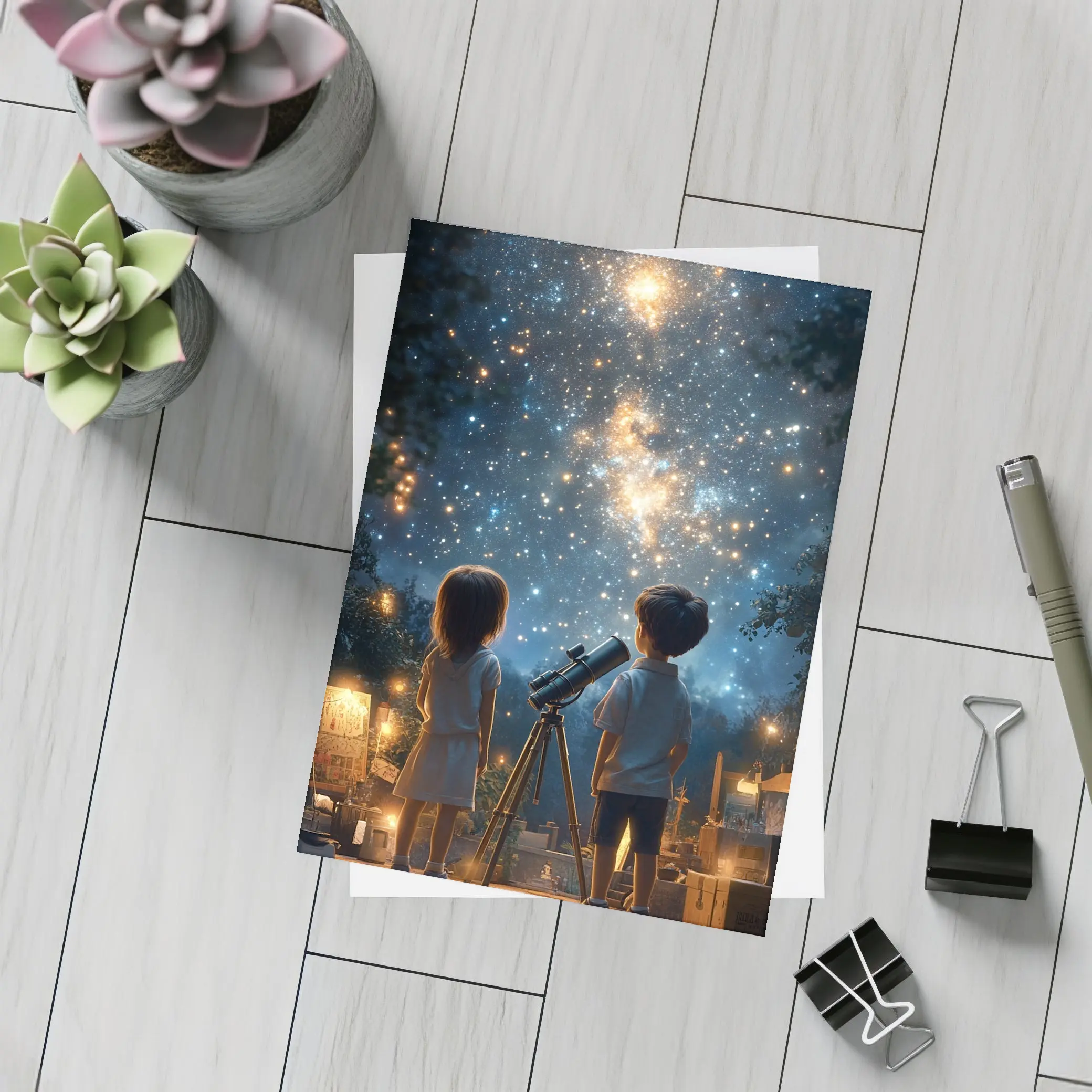 Children Stargazing With Telescope Night Sky – Postcards