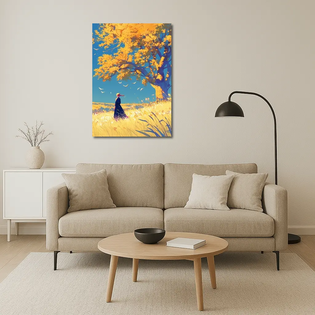 Anime Girl Standing Under Golden Autumn Tree – Wall Art