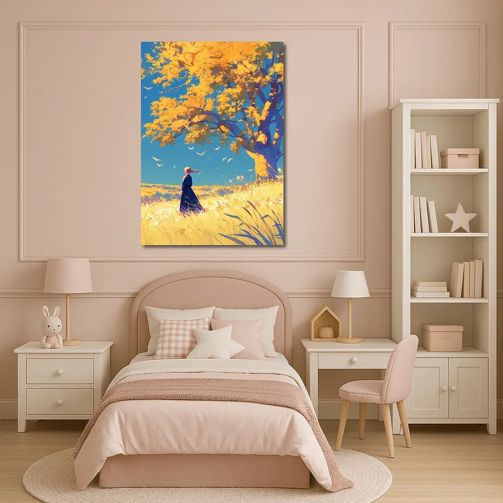 Anime Girl Standing Under Golden Autumn Tree – Wall Art