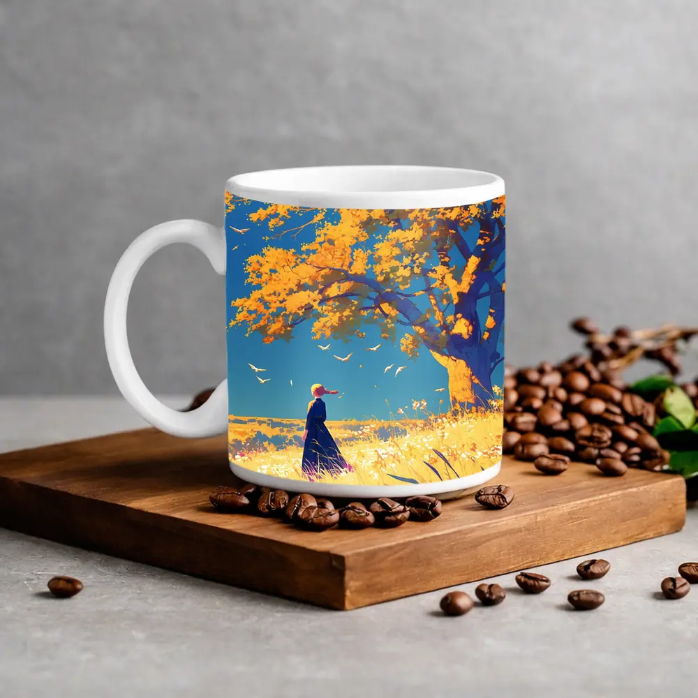 Anime Girl Standing Under Golden Autumn Tree – Mugs